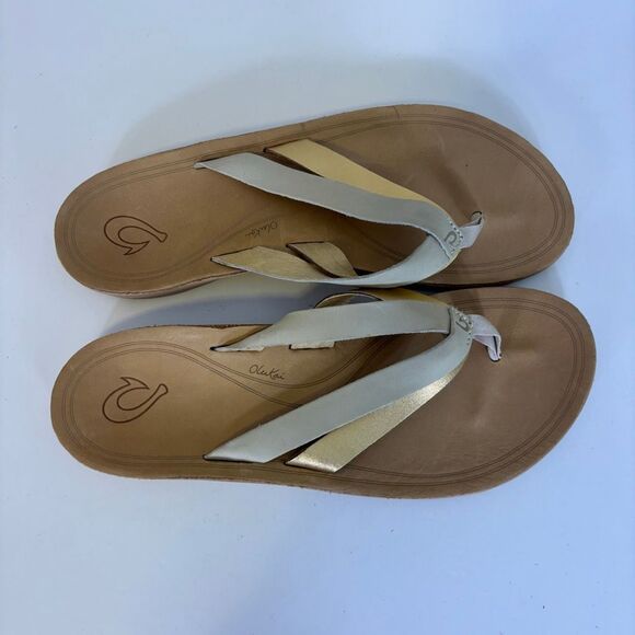 OluKai Shoes - Olukai Women's KaeKae Silver & Gold Leather Double Strap Flip Flop Sandals Size